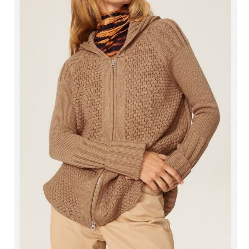 Victor Alfaro x RTR Women's Chunky Ribbed Hooded Zip Up Sweater Small Tan